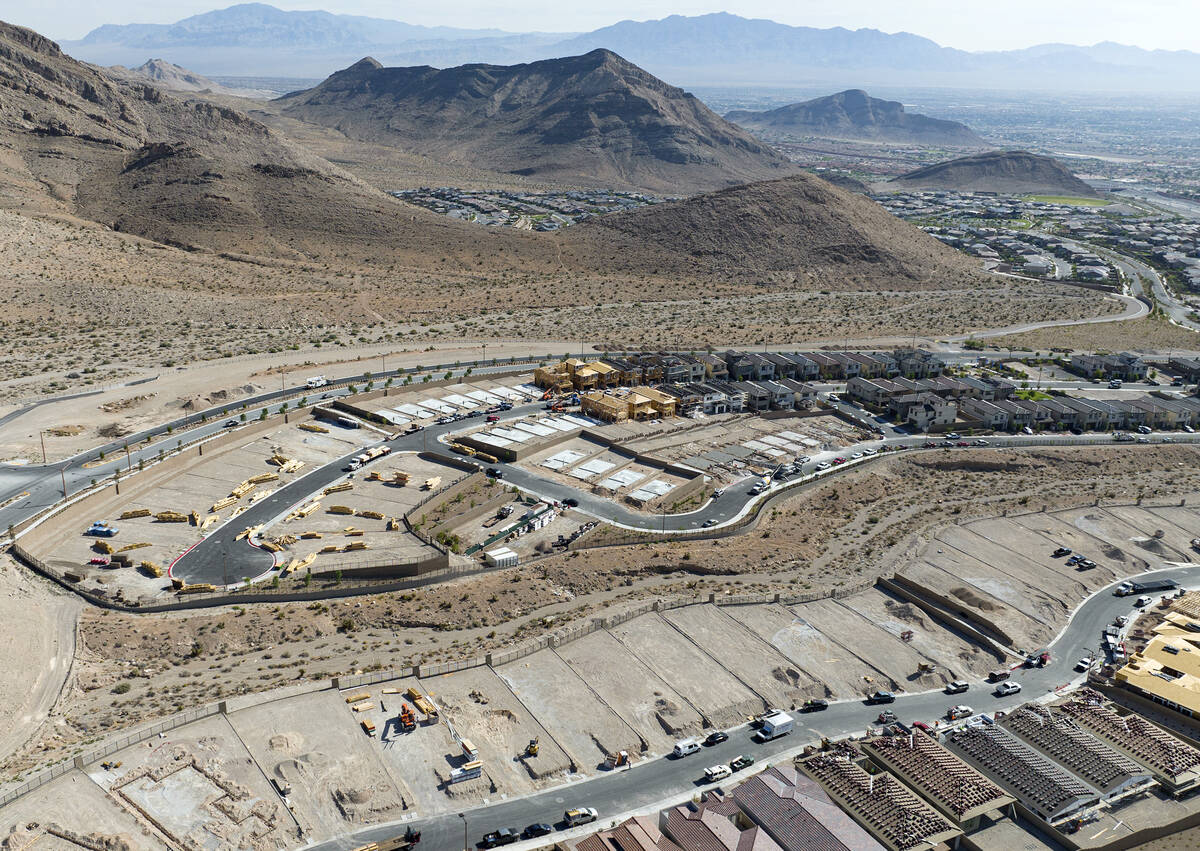 Aerial view of housing construction sites at Crested Canyon community in Summerlin on Thursday, ...