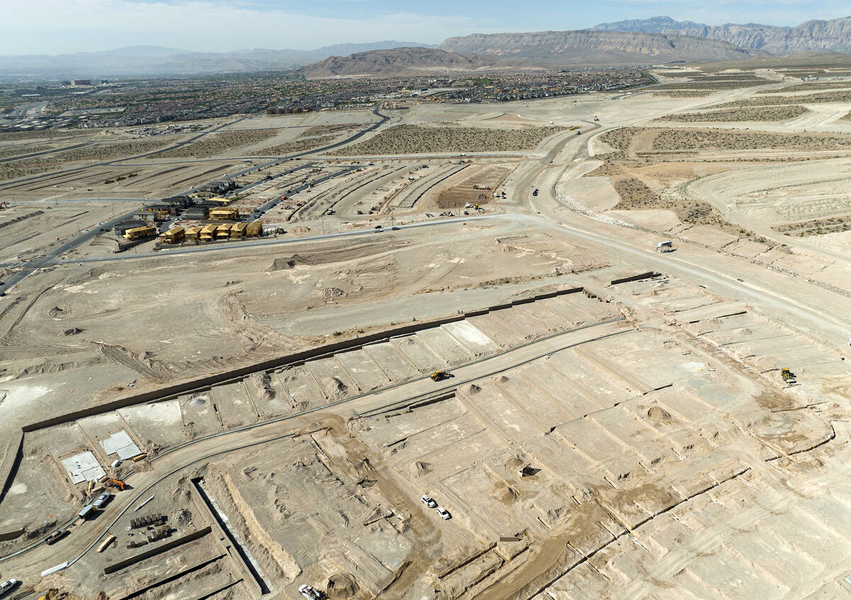 Aerial view of housing construction sites at Crested Canyon community in Summerlin on Thursday, ...