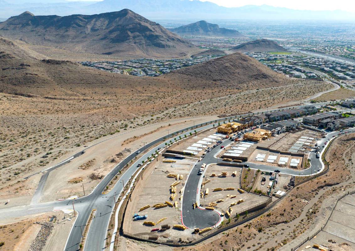 Aerial view of housing construction sites at Crested Canyon community in Summerlin on Thursday, ...