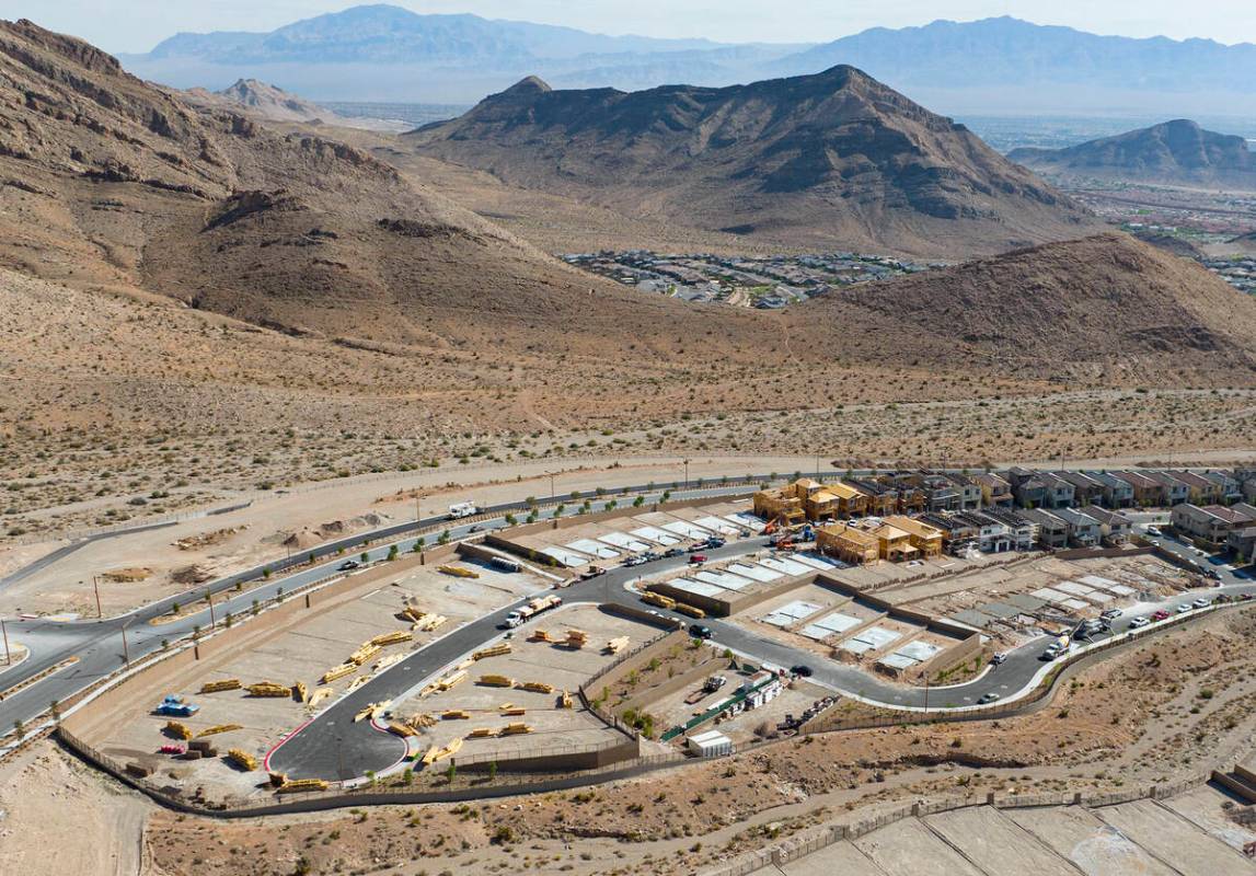 Aerial view of housing construction sites at Crested Canyon community in Summerlin on Thursday, ...