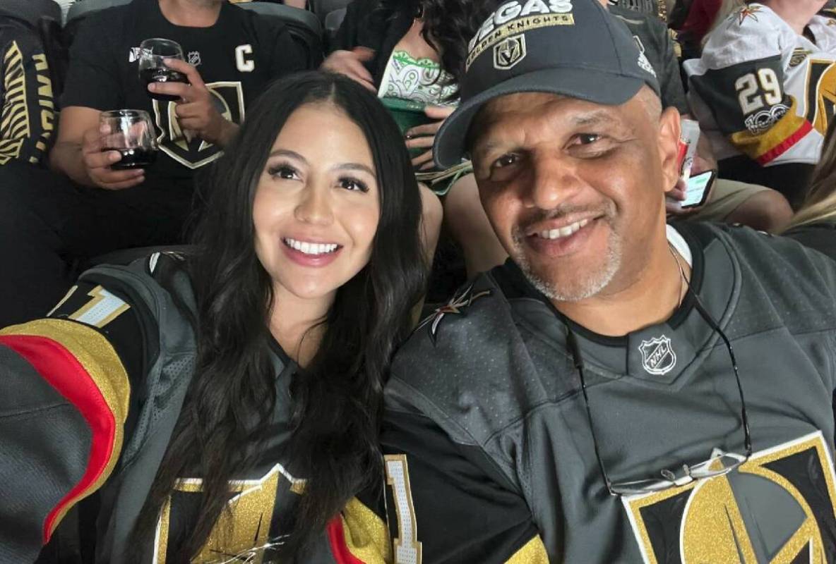 Ariana Plummer, left, and her father Robert Plummer pose for a photo during Game 5 of the Stanl ...