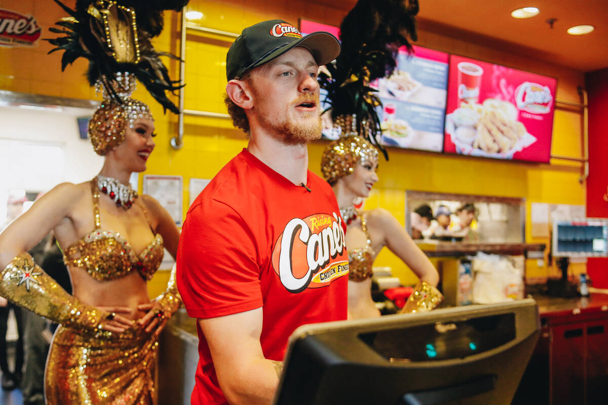 Vegas Golden Knights center Jack Eichel takes orders from Golden Knights fans inside of Raising ...