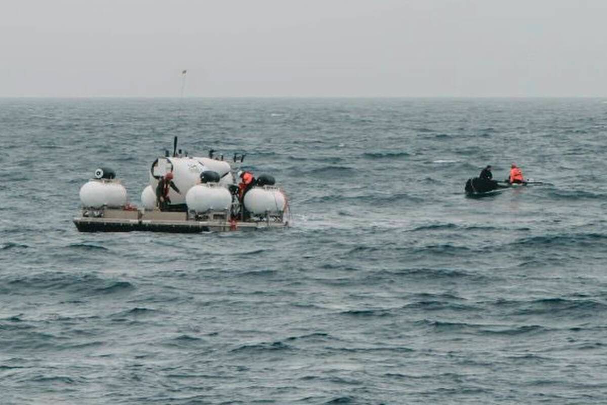 In this image released by Action Aviation, the submersible Titan is prepared for a dive into a ...