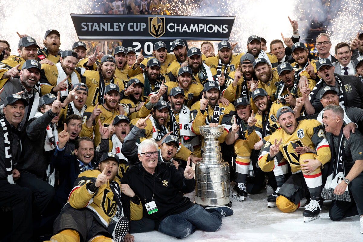 The Golden Knights pose for a team photo after winning the Stanley Cup Final against the Florid ...