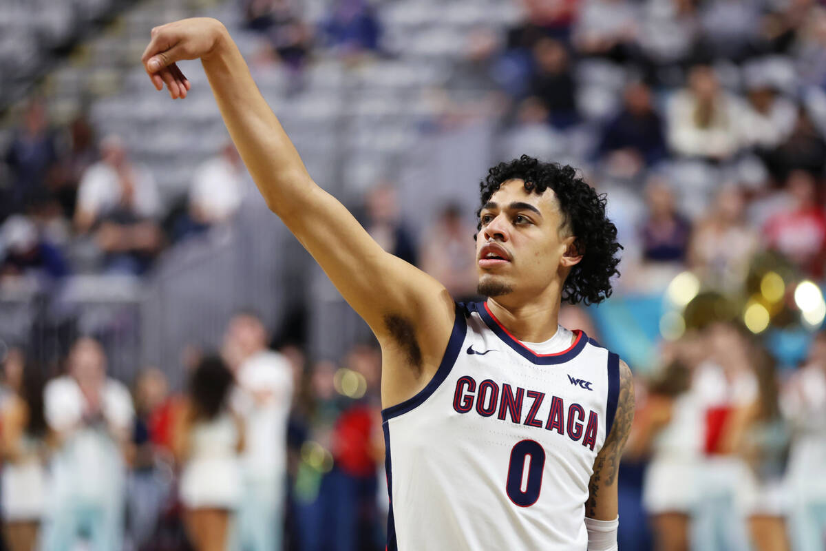 Gonzaga Bulldogs guard Julian Strawther (0) warms up before the start of a West Coast Conferenc ...