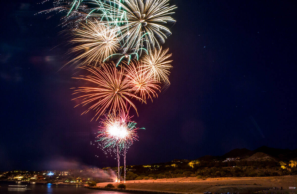 A fireworks display during Fourth of July weekend celebrations at Lake Las Vegas on Sunday, Jul ...