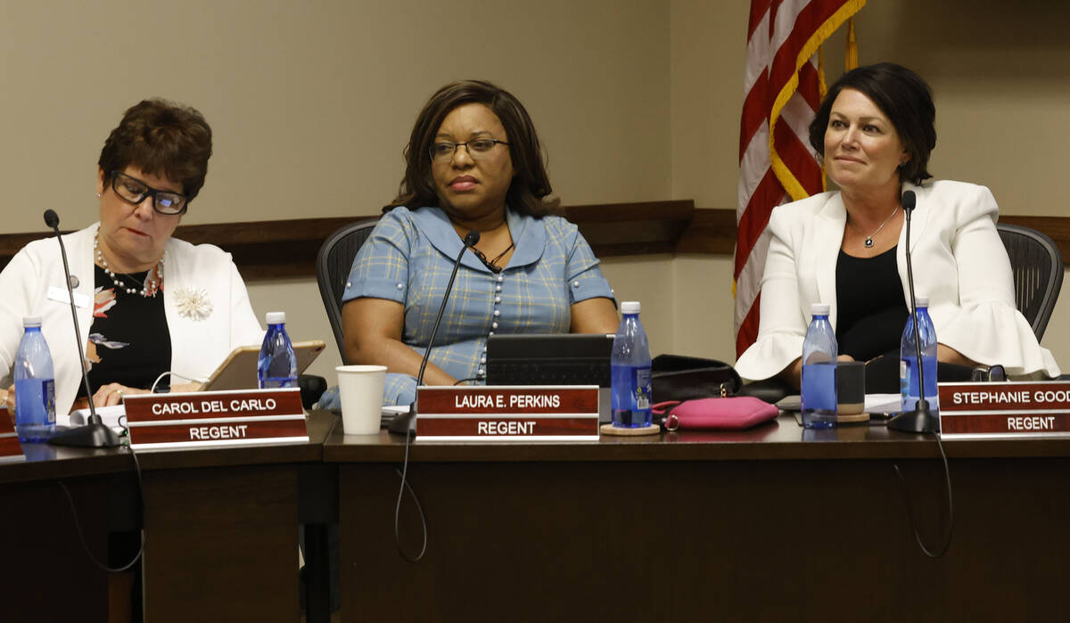 Nevada System of Higher Education Regents Carol Del Carlo, from left, Laura Perkins and Stephan ...