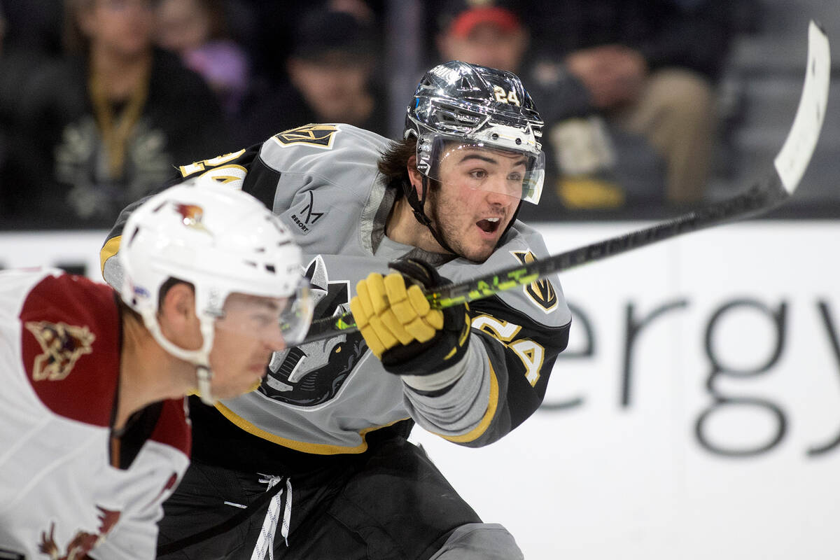 Henderson Silver Knights forward Brendan Brisson shoots during an AHL hockey game against the T ...