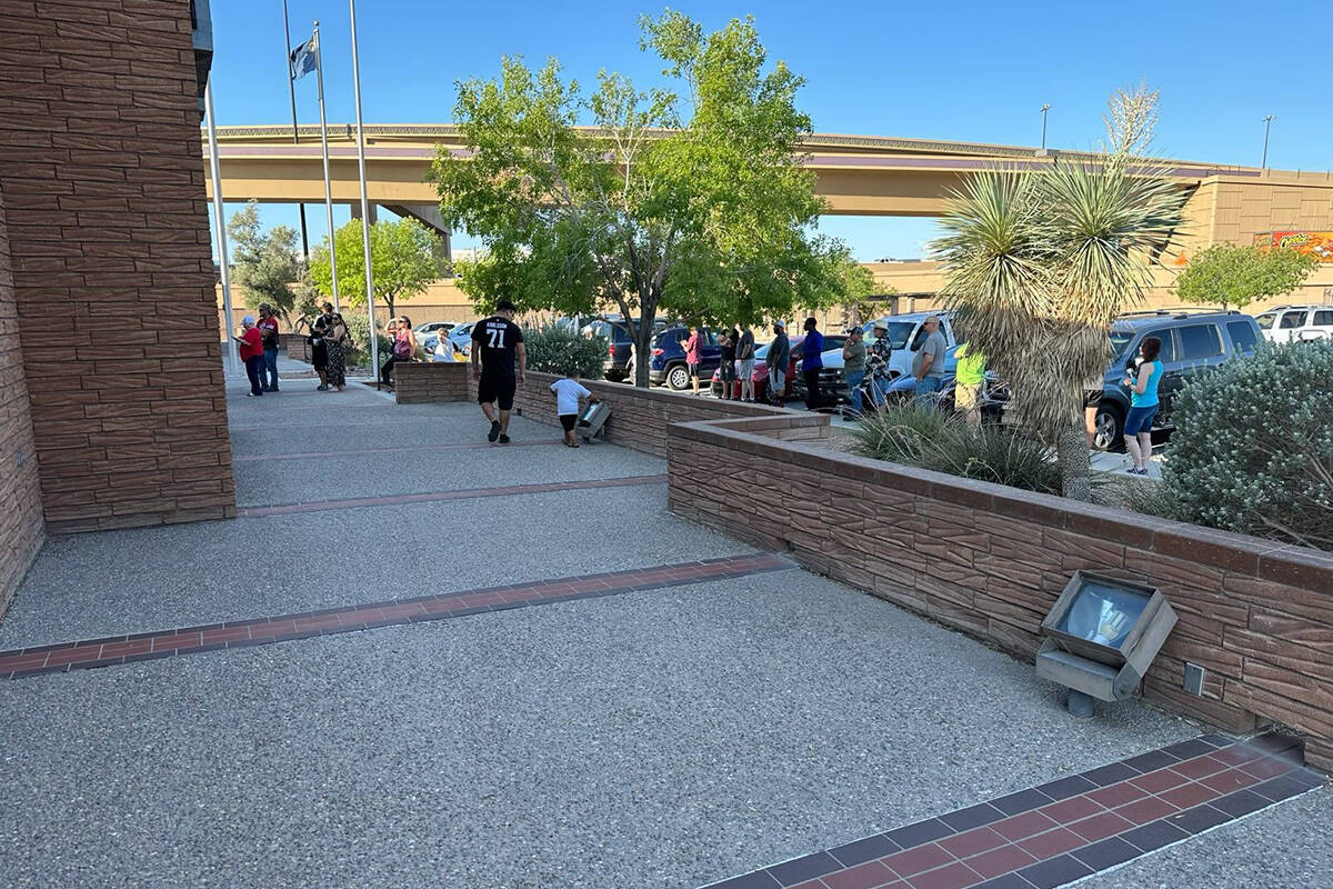 Customers line up outside a kiosk at the Las Vegas Review-Journal building at 1111 W. Bonanza R ...