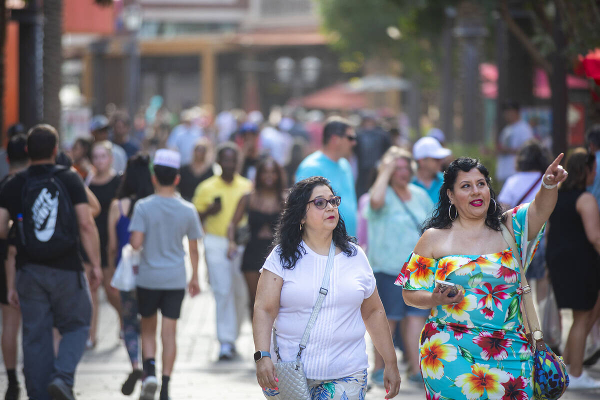 Tourists walk through the strip on Friday, June 2, 2023, in Las Vegas. (Daniel Pearson/Las Vega ...