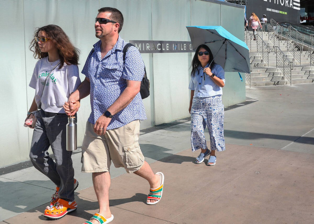 Tourists utilize shade from umbrellas on the Strip on Thursday, June 29, 2023, in Las Vegas. (D ...