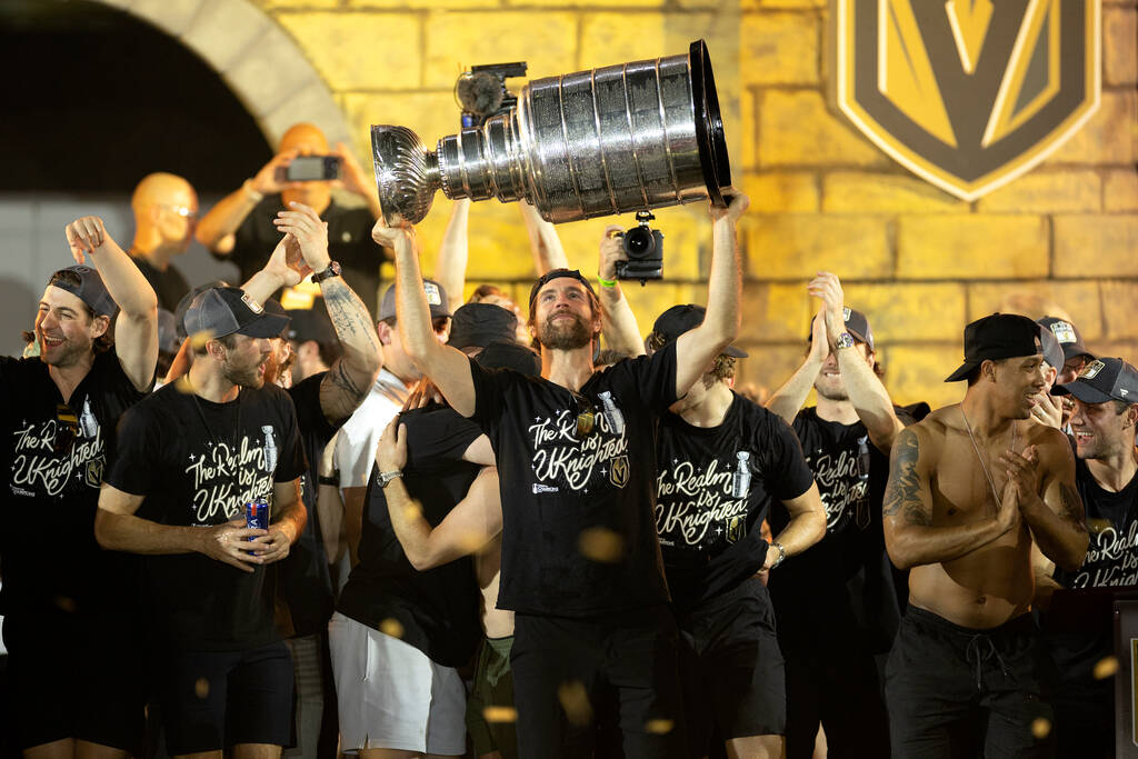 Golden Knights defenseman Alex Pietrangelo celebrates with the Stanley Cup during Golden Knight ...