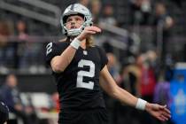 Las Vegas Raiders place kicker Daniel Carlson (2) warms up against the Kansas City Chiefs befor ...