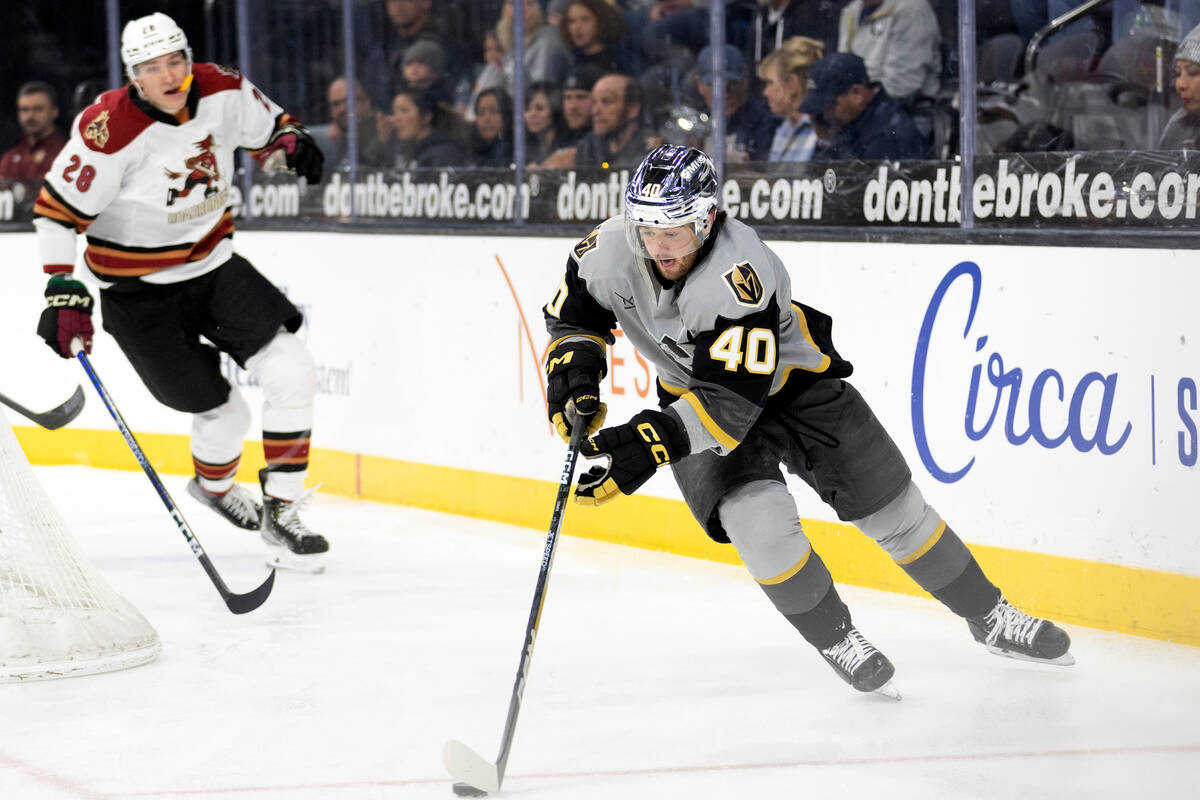 Henderson Silver Knights defenseman Lukas Cormier skates with the puck during an AHL hockey gam ...