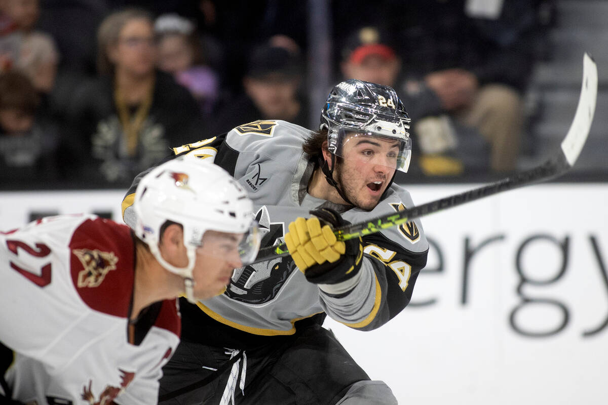 Henderson Silver Knights forward Brendan Brisson shoots during an AHL hockey game against the T ...