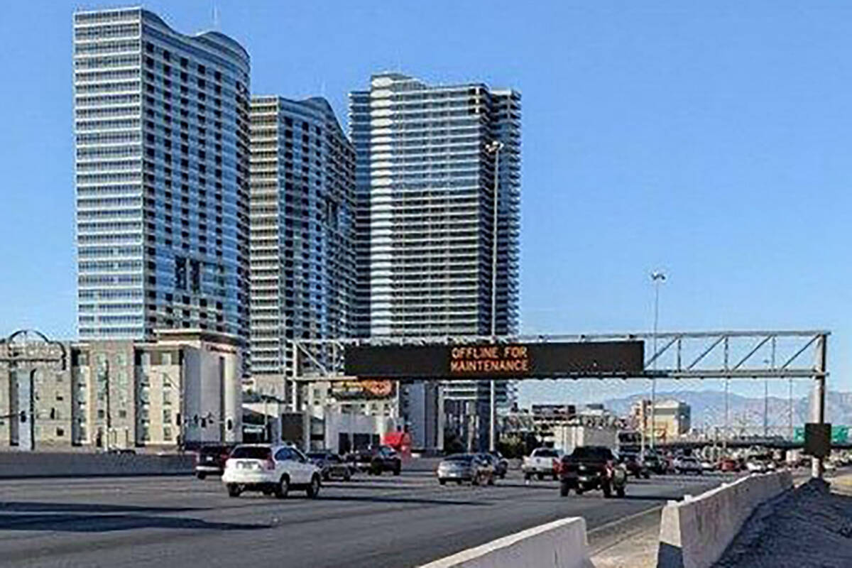 A active traffic management sign on northbound Interstate 15 displays an out of service message ...