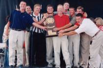 Members of the 1998 NCAA championship men's golf team at a ceremony at the Fremont Street Exper ...