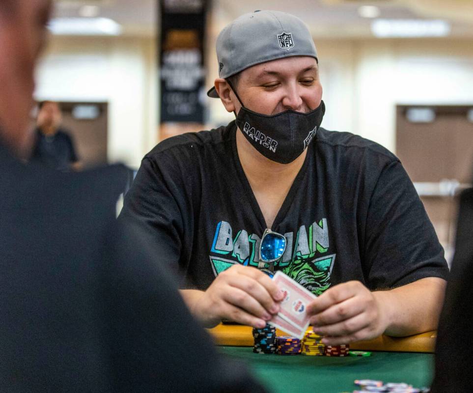 Rob Mercer is pleased as he wins a hand during the final starting flight of World Series of Pok ...