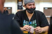 Rob Mercer is pleased as he wins a hand during the final starting flight of World Series of Pok ...