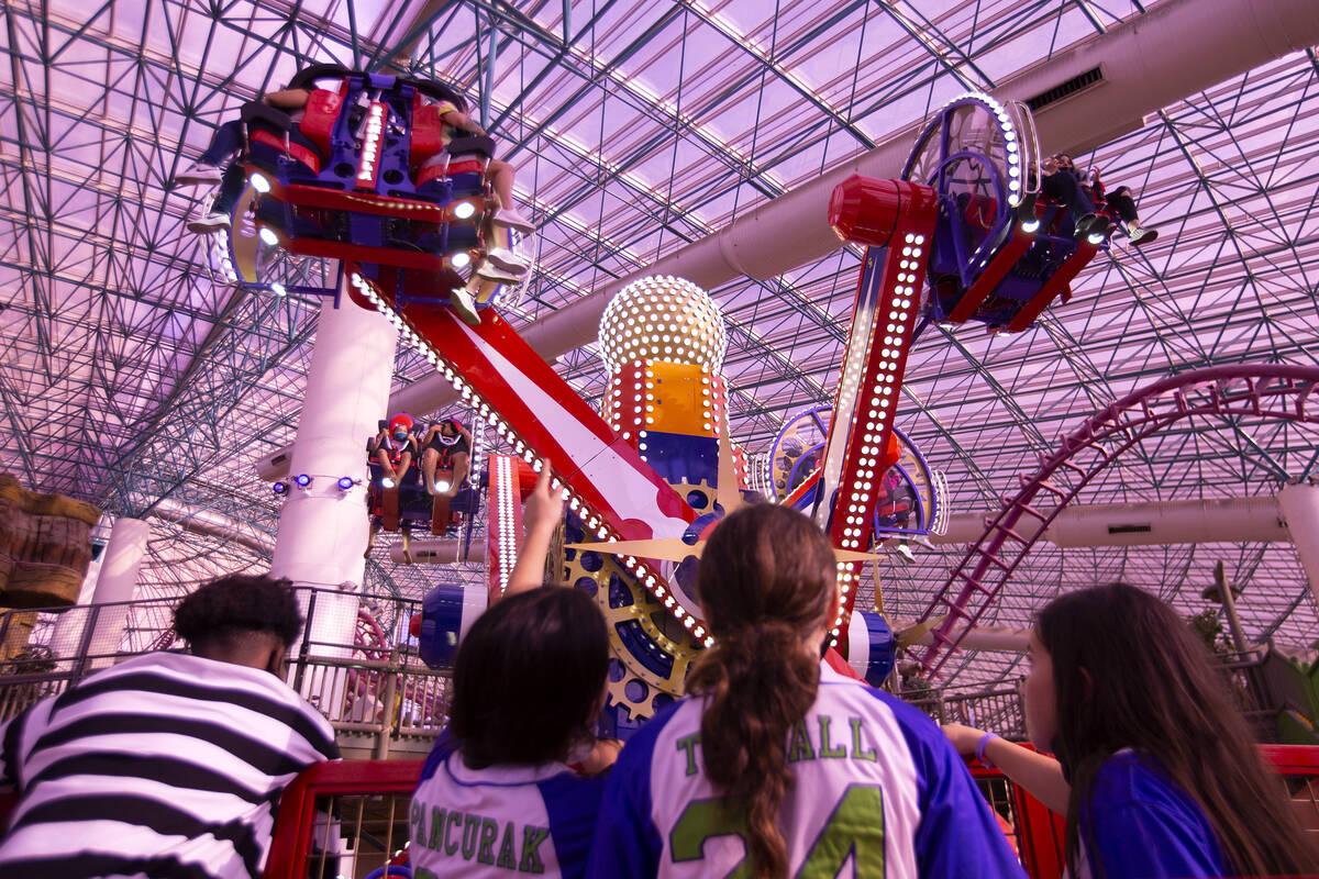 The pink glass roof casts a light pink hue inside The Adventuredome at Circus Circus. (Ellen Sc ...