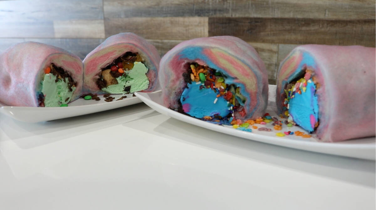 Creamberry’s cotton candy burrito is your choice of ice cream flavor and toppings wrapped in ...