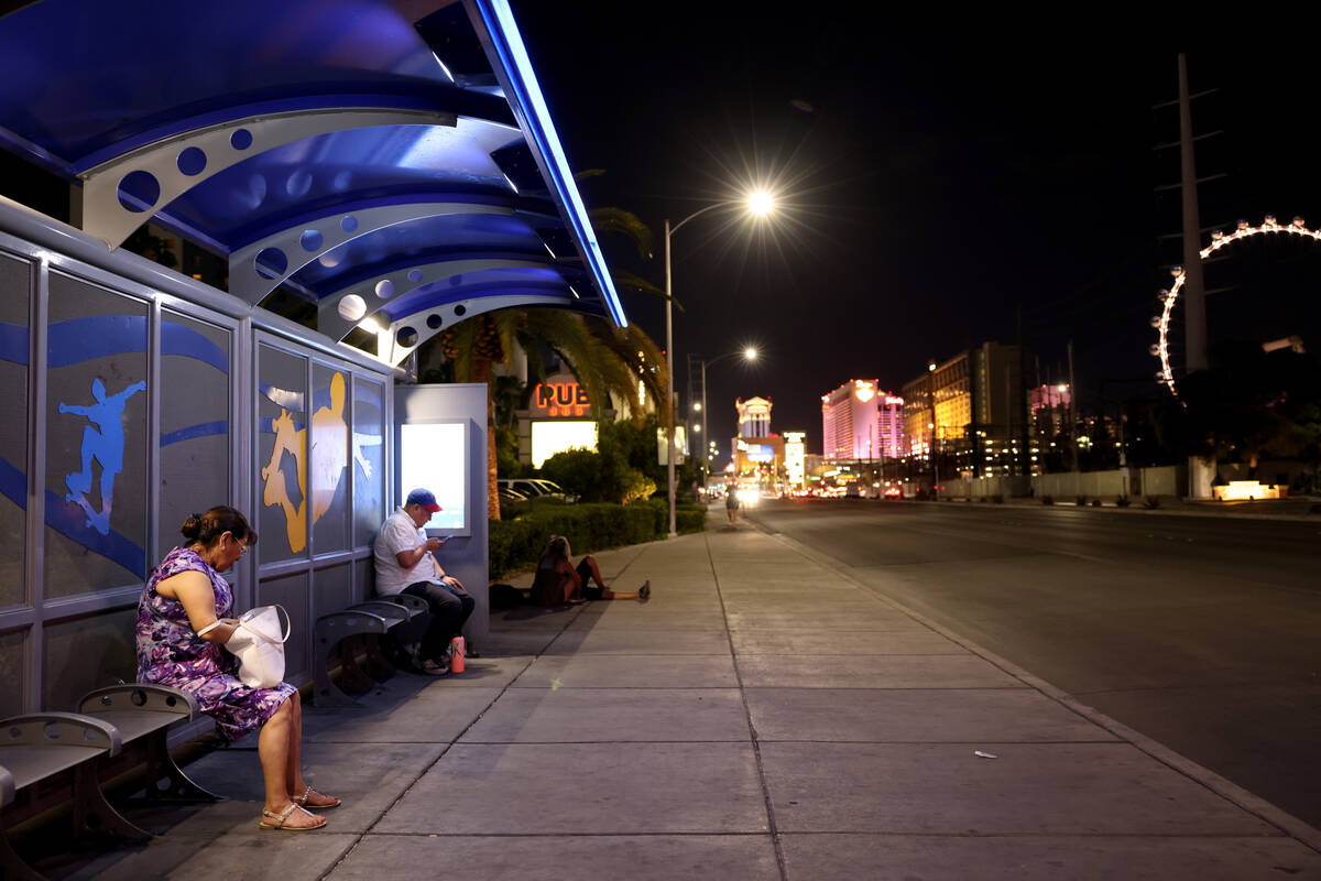 Passengers for a Regional Transportation Commission bus on East Flamingo Road in Las Vegas Thur ...