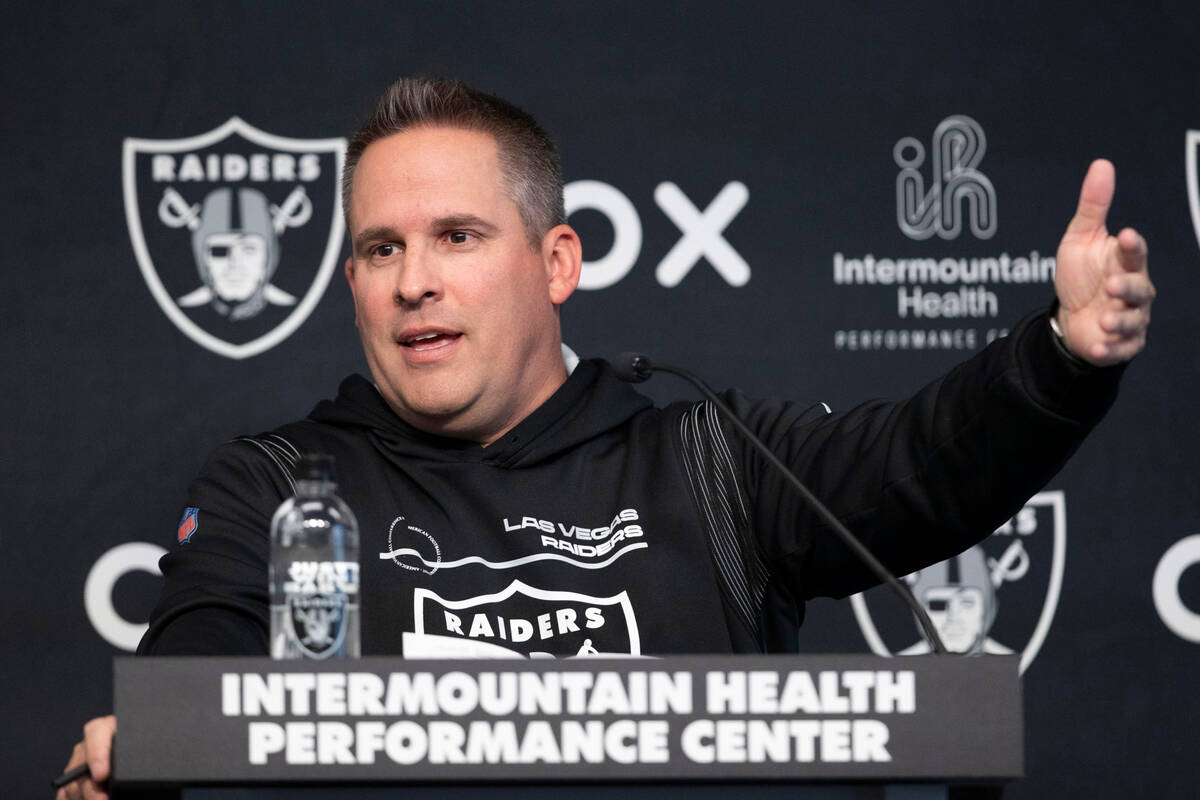 Raiders head coach Josh McDaniels speaks during a news conference at Intermountain Health Perfo ...