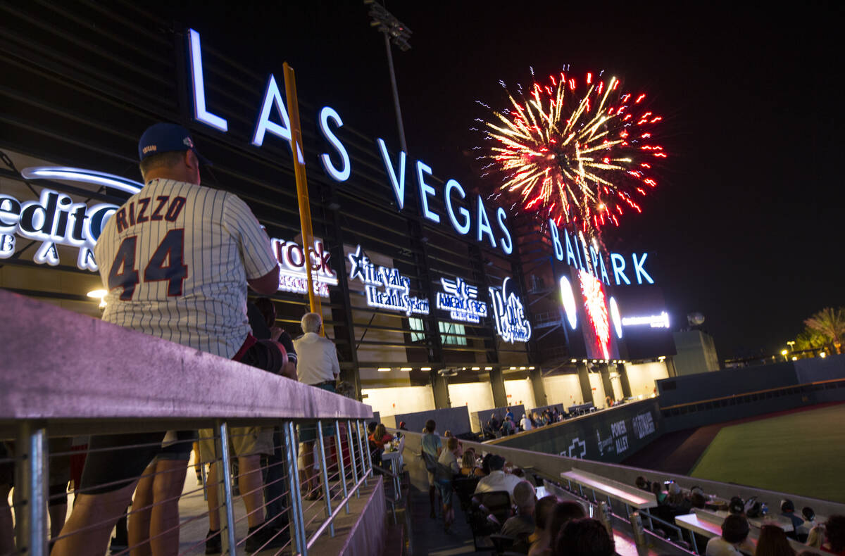 Fireworks go off above the Las Vegas Ballpark after the Las Vegas Aviators defeated the Reno Ac ...