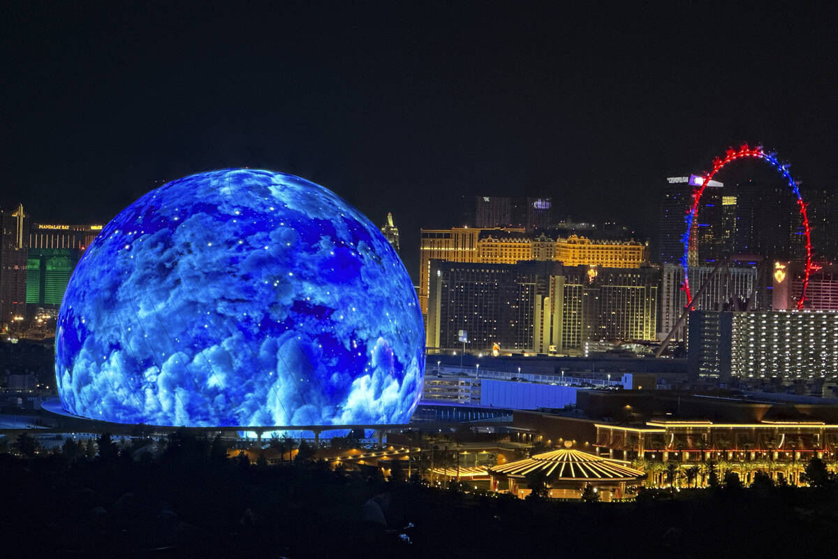 The Sphere illuminates the Las Vegas skyline with a display to celebrate Independence Day as th ...