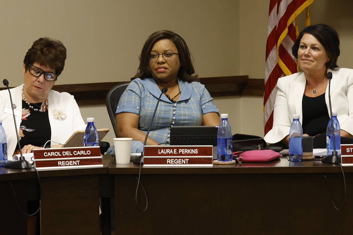 Nevada System of Higher Education Regents Carol Del Carlo, from left, Laura Perkins and Stephan ...