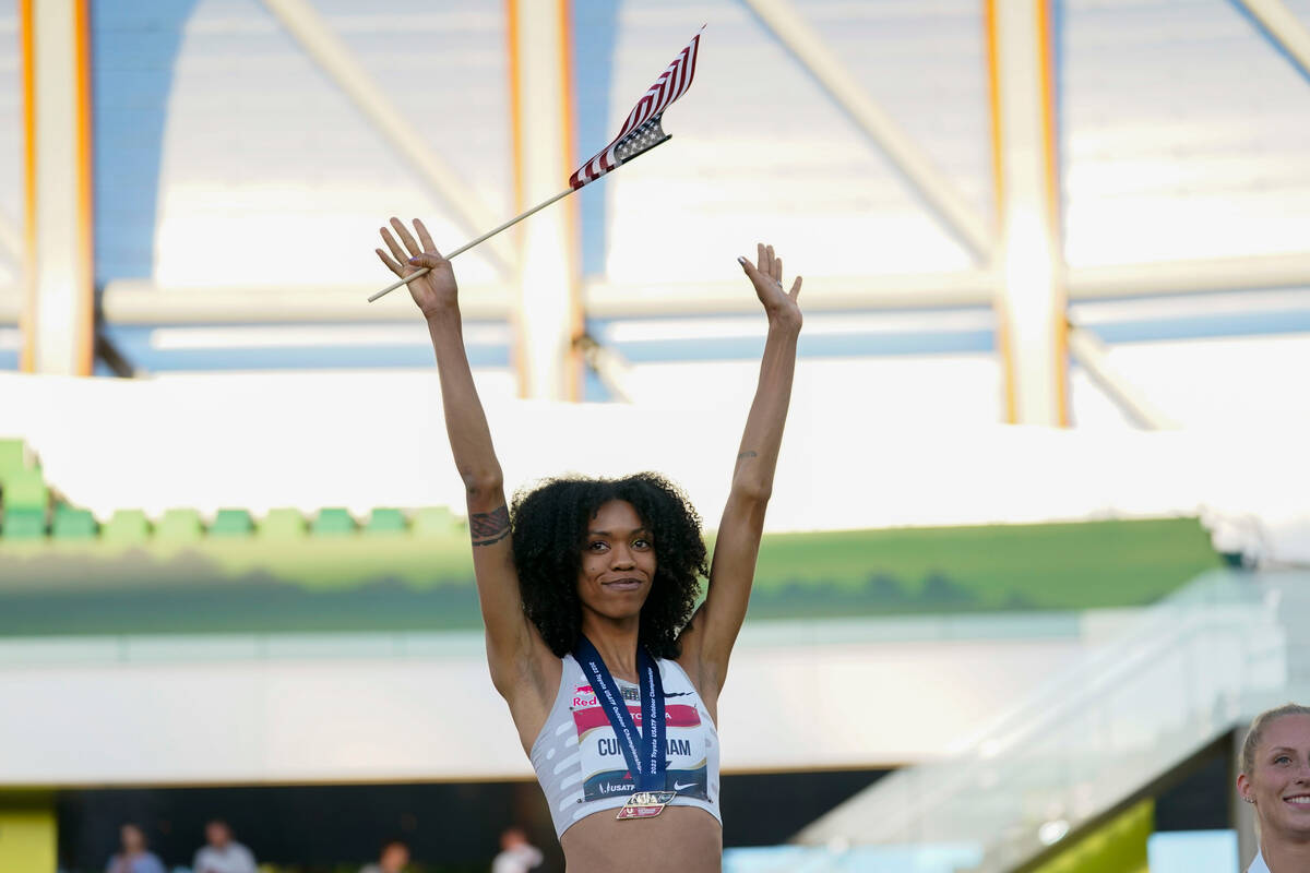 Vashti Cunningham reacts after winning the women's high jump during the U.S. track and field ch ...