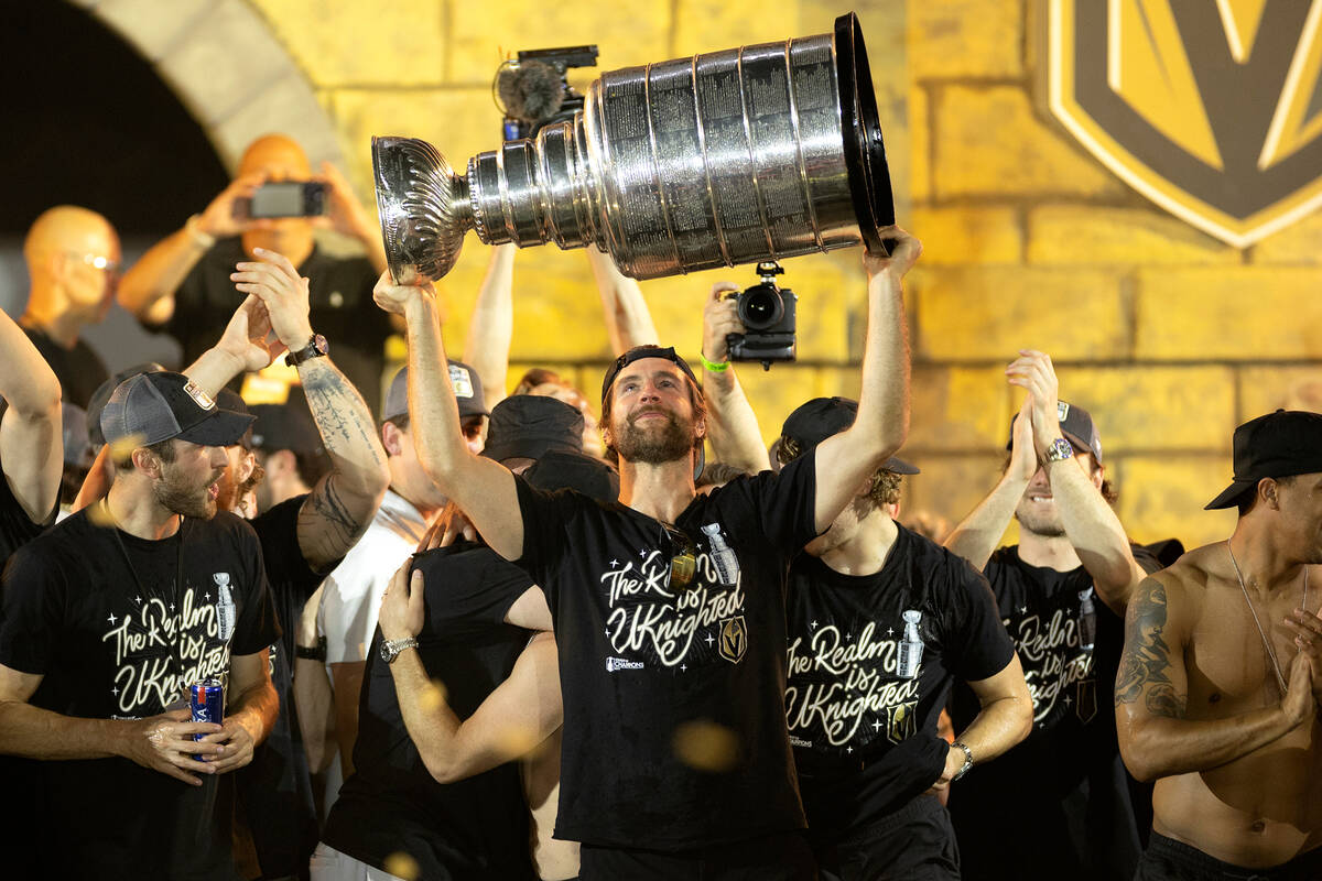 Golden Knights defenseman Alex Pietrangelo celebrates with the Stanley Cup during Golden Knight ...