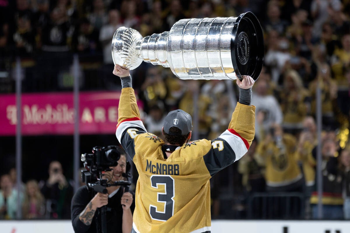 Golden Knights defenseman Brayden McNabb (3) celebrates with the Stanley Cup after winning the ...