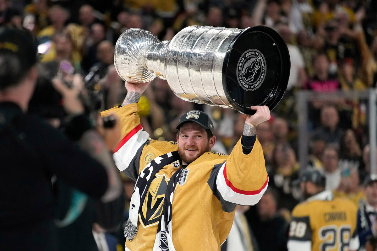 Vegas Golden Knights backup goaltender Jonathan Quick skates with the Stanley Cup after the Kni ...