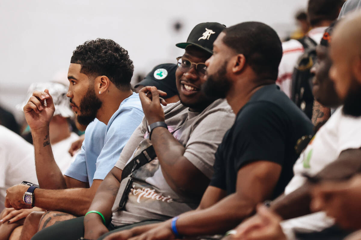 Boston Celtics forward Jayson Tatum watches the Celtics Summer League team match up against the ...