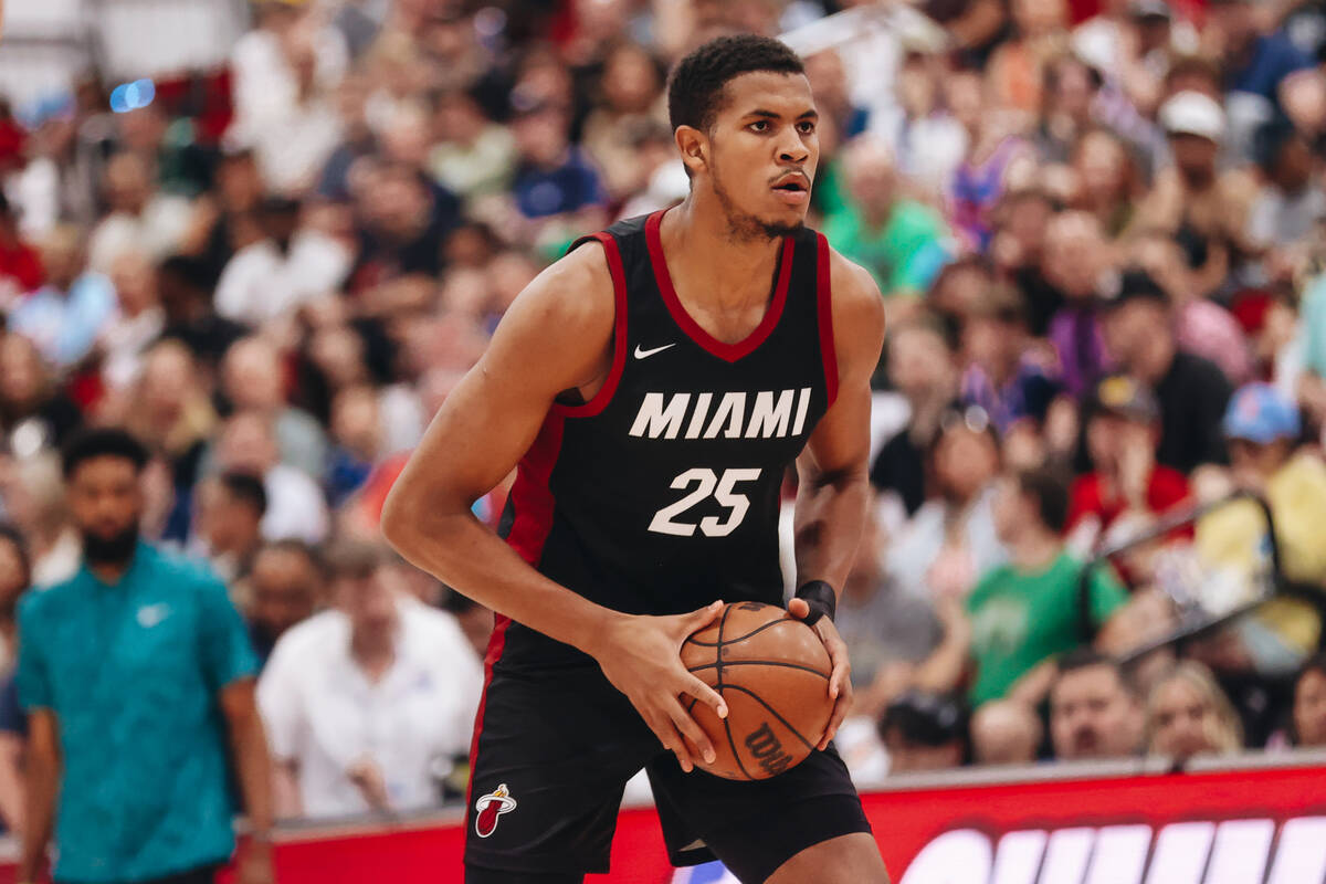 Miami Heat center Orlando Robinson looks to pass the ball to a teammate during an NBA Summer Le ...