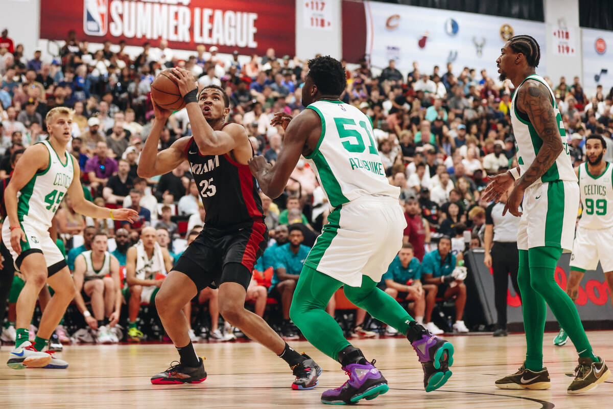 Miami Heat center Orlando Robinson looks to shoot the ball into the hoop as Boston Celtics cent ...