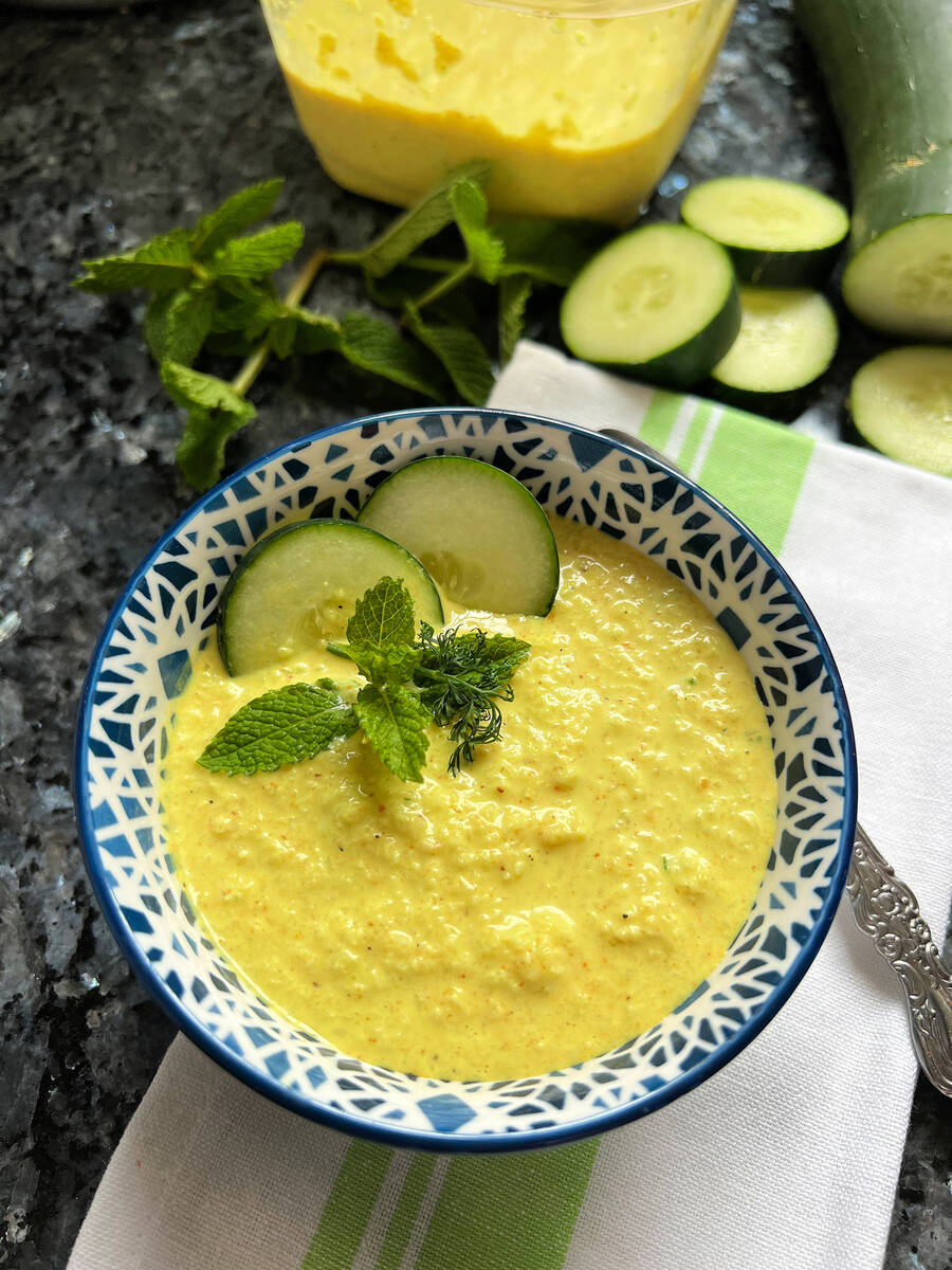 Curry powder and fresh ginger add a touch of spice to this cold cucumber soup. (Gretchen McKay/ ...