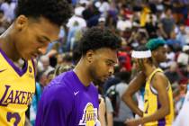 Los Angeles Lakers guard Bryce Hamilton (36), a former UNLV player, remained on the bench durin ...