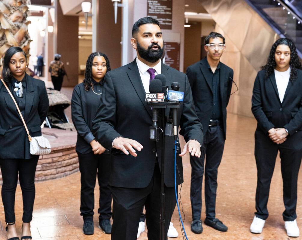 Athar Haseebullah, Esq., executive director for the ACLU of Nevada, addresses the media before ...
