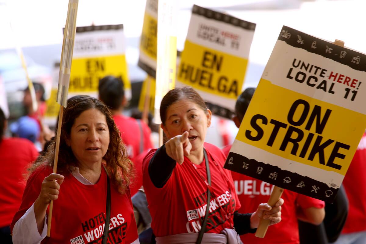 Hotel workers picket Sunday outside the Biltmore Hotel. (Genaro Molina/Los Angeles Times/TNS)