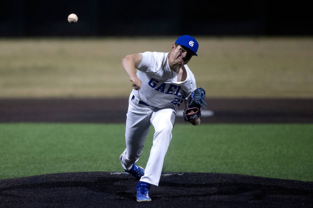 Bishop Gorman pitcher Kamdyn Perry throws to Basic during a high school baseball championship g ...