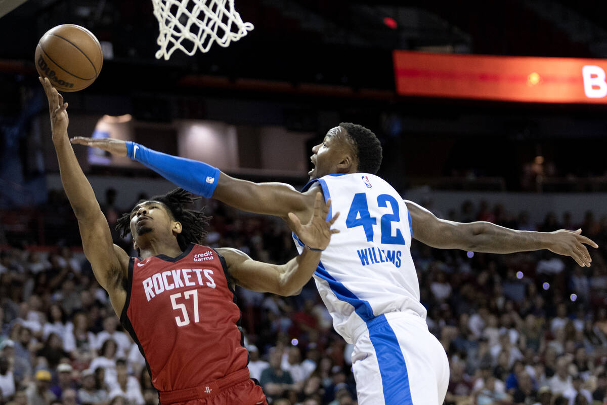 Houston Rockets forward Jermaine Samuels Jr. shoots against Oklahoma City Thunder forward KJ Wi ...