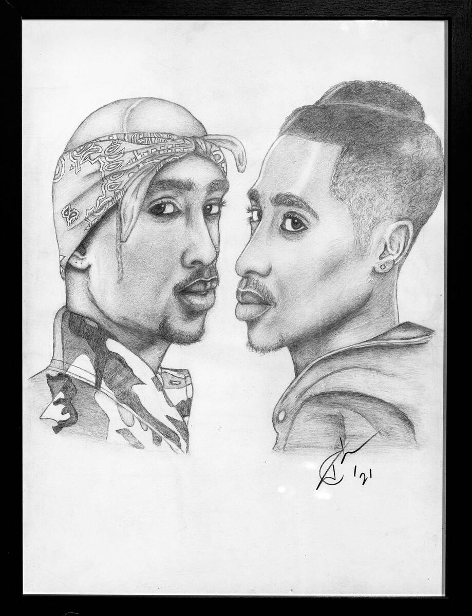 Original art of Tupac by Las Vegas pencil sketch artist Spidey on display in the concourse duri ...
