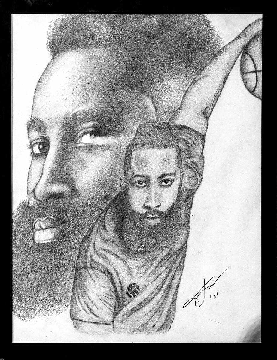 Original art of James Harden by Las Vegas pencil sketch artist Spidey on display in the concour ...