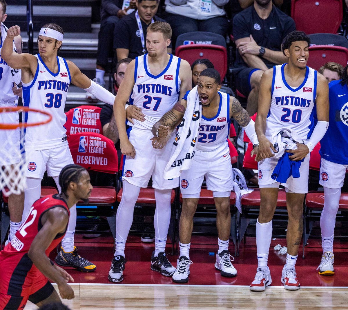 Detroit Pistons players are pumped as they take the lead late against the Toronto Raptors durin ...