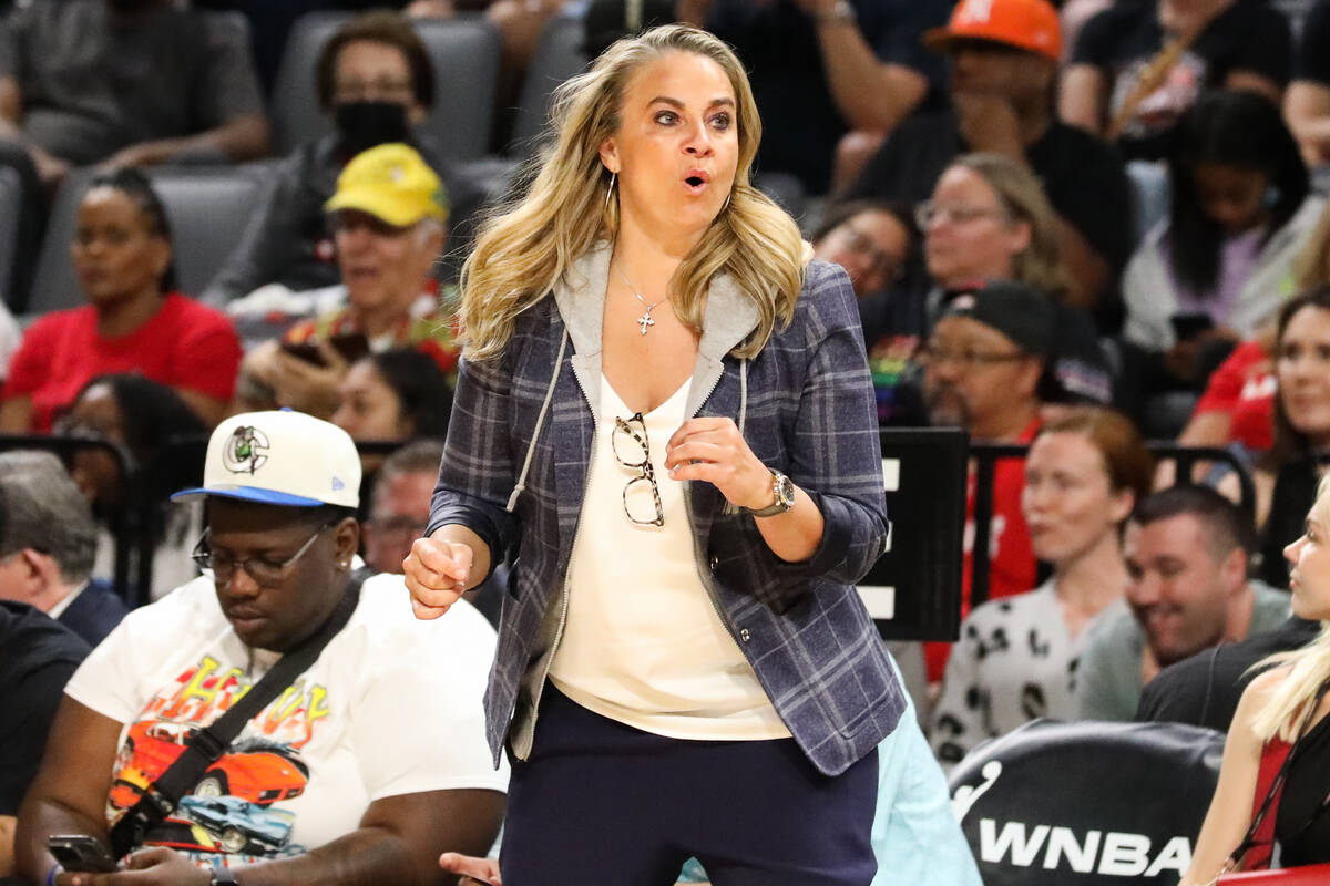 Las Vegas Aces head coach, Becky Hammon, coaches her players during a game on Sunday, June 11, ...