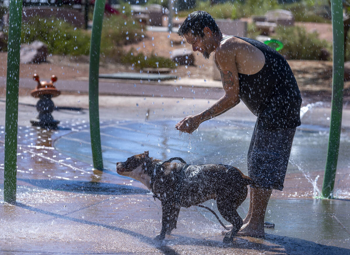 Robert Fralick and his dog Koko cool off from the heat is the fountains at Bill Briare Park as ...