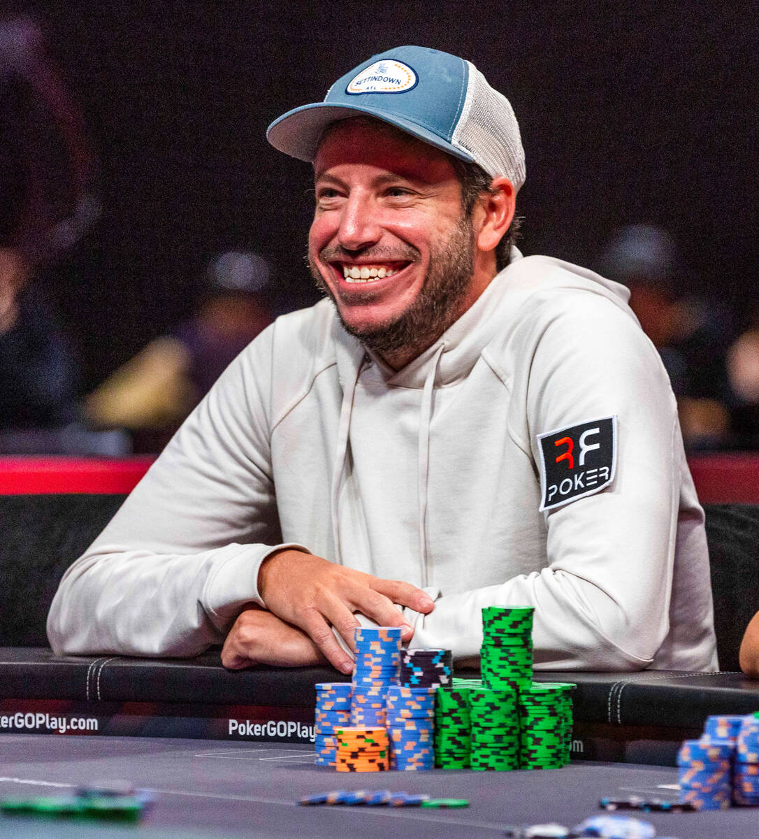 Daniel Weinman enjoys a lighter moment during Day 7 at the World Series of Poker Main Event in ...