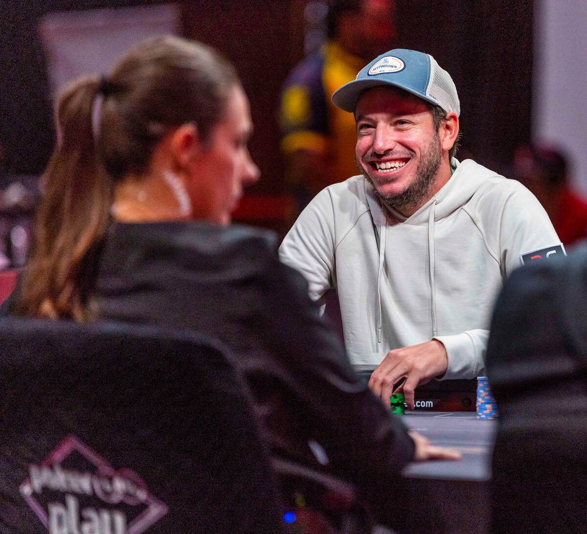 Daniel Weinman enjoys a lighter moment during Day 7 at the World Series of Poker Main Event in ...